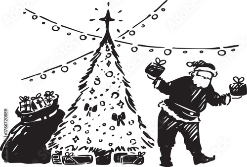 An illustration featuring a festive Santa Claus and a beautifully decorated Christmas tree