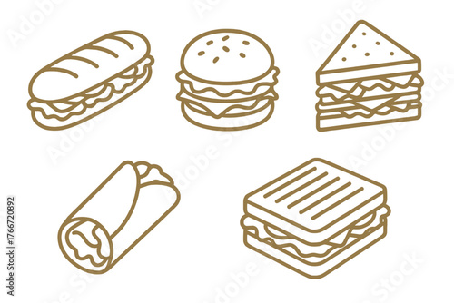 Outline collection of popular fast food sandwiches: burger, sub, wrap, and grilled panini