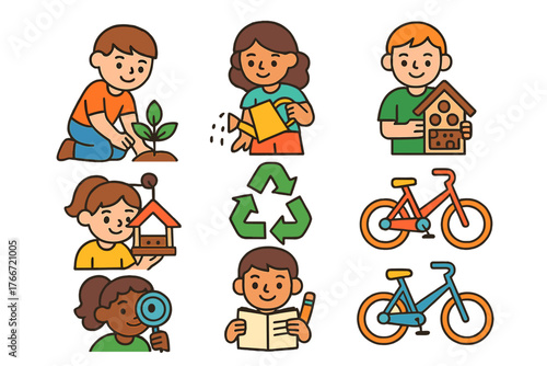 Set of children icons illustrating activities related to nature, environment, learning, and sustainability