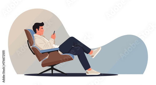 A man relaxing in a chair while using his smartphone, a modern illustration concept