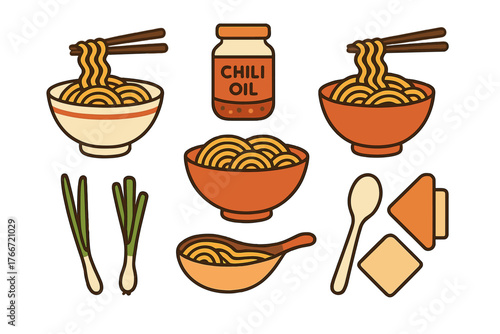 Collection of Asian noodle bowls, chopsticks, chili oil, and fresh green onions