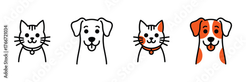Collection of cute cartoon cat and dog icons, isolated on white background