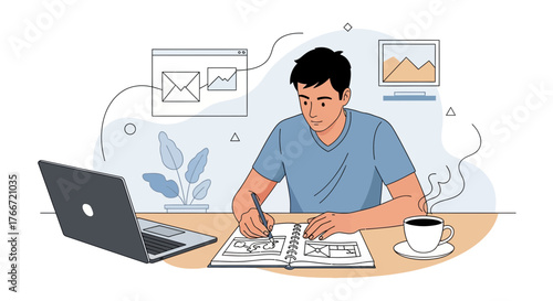 A man sketching ideas on a notebook with a laptop concept illustration or design