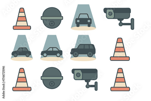 Security and traffic control icons featuring surveillance cameras, road cones, and vehicles under spotlights