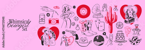 Retro cowboy and cowgirl doodle set. Whimsical valentines or wedding party. Hand drawn coquette cute rodeo element. Vintage western boot, hat, disco ball, cake, cocktail, card. Girly drawing sketch.