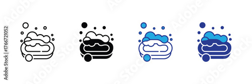 Set of four soap icons with foam and bubbles, isolated on white background