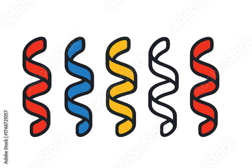 Spiraling decorative ribbons set in red blue and yellow colors with outline variations