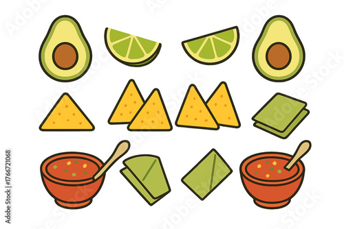 Mexican food ingredients set with avocado, lime, salsa, and tortilla chips