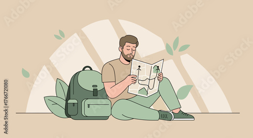 A man studying a map while enjoying a calm moment during a hiking adventure trip