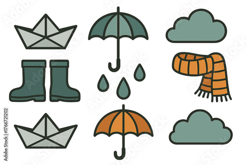 Cute autumn and rainy season symbols including rubber boots, open umbrellas, dark clouds, and striped scarf
