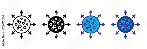 Set of four icons representing a virus or bacteria with radiating arrows, isolated on white background