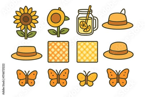 Collection of bright yellow and orange summer icons: sunflowers, straw hats, lemonade, butterflies, and checkered patterns