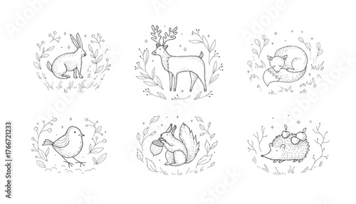 Autumn collection of cute farm and forest animals in botanical wreath with fall leaves. Cozy seasonal design elements