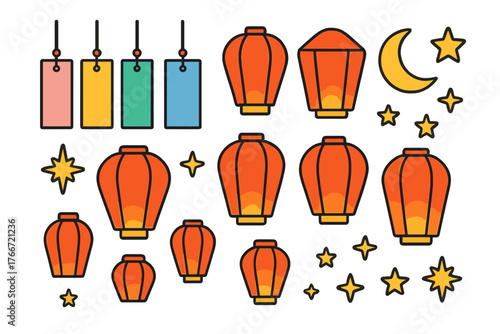 Traditional Asian festival elements set with orange lanterns, colorful wind chimes, and celestial symbols