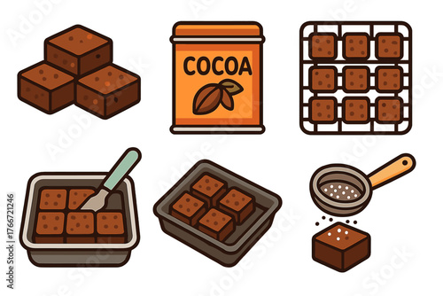 Baked chocolate brownies, cocoa powder, cooling rack, baking pan, and sifting sugar elements