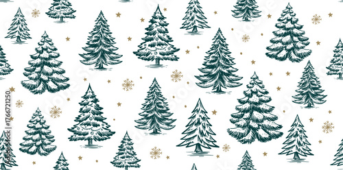 Christmas pattern with tree green on white, hand drawn illustrations	

