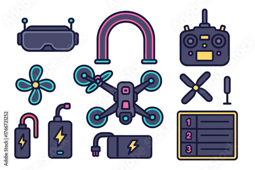FPV drone racing equipment icons including goggles remote control and batteries