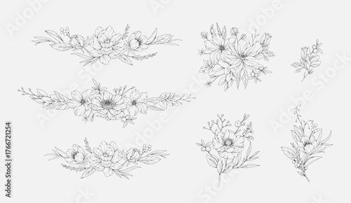 Botanic set of detailed various floral corner or border. Luxury vintage floral collection for wedding invitation, wallpaper art or save the date card. Botanical vector