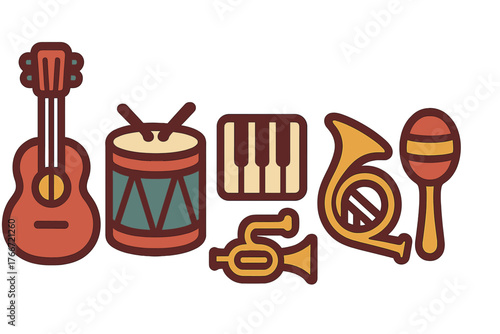 Set of musical instruments including guitar drum keyboard and brass horn