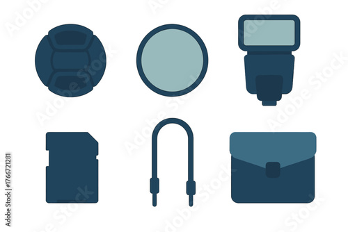 Set of essential photography accessories icons including flash, lens cap, filter, memory card, and camera bag