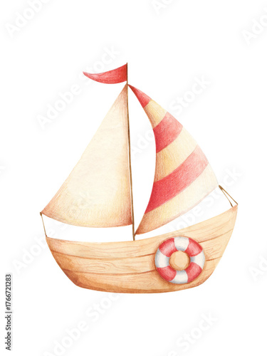 Cute watercolor and colored pencils boat illustration. Cartoon ship hand drawn isolated on transparent background. Water transport poster, clip art.