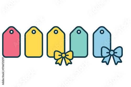 Row of colorful blank price tags and gift labels with decorative ribbon bows for shopping and holiday sales