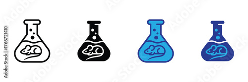 Set of four icons representing a laboratory flask containing a mouse, in different styles and colors, isolated on white background