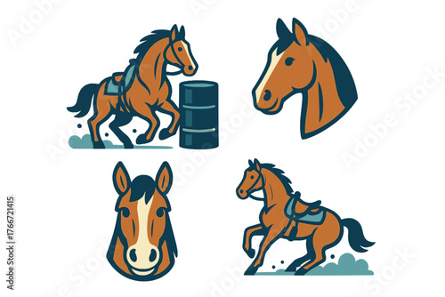 Dynamic brown horse running poses and detailed head portraits for western riding