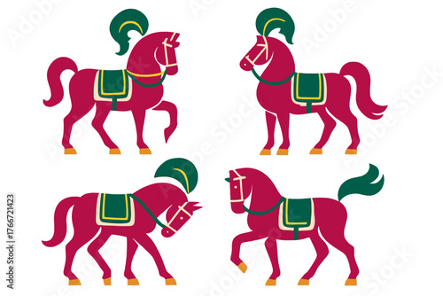 Seamless pattern of stylized magenta horses with decorative green and yellow saddles and plumes