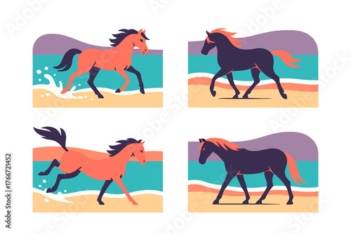 Stylized wild horses running and walking on a sandy beach near the ocean waves