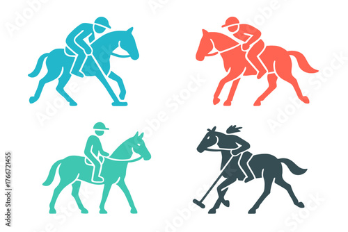 Set of colorful symbols showing riders on horses engaged in various equestrian sports