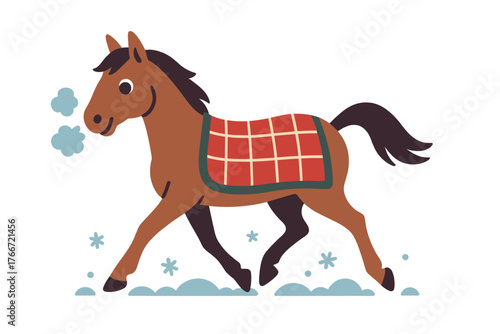 Stylized brown horse running through a snowy field wearing a warm checkered blanket in winter