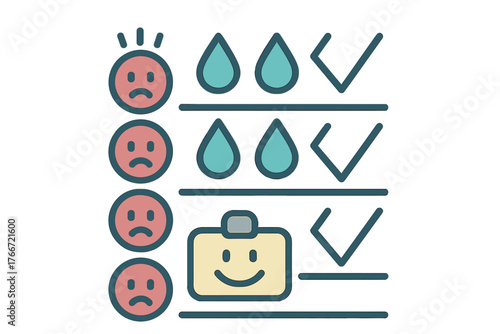 Quality assessment results comparison chart with sad faces, water drops, and successful checkmarks