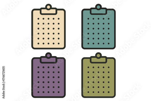 Set of four different colored clipboards with dotted lines for notes or checklist documents