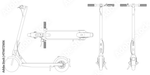 Set of Electric scooter contour drawing with modern black and white design, large wheels, curved handlebars, textured grips, and a slightly raised seat.