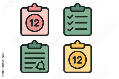 Four colorful productivity icons showing calendar, tasks, reminders, and notifications on clipboards
