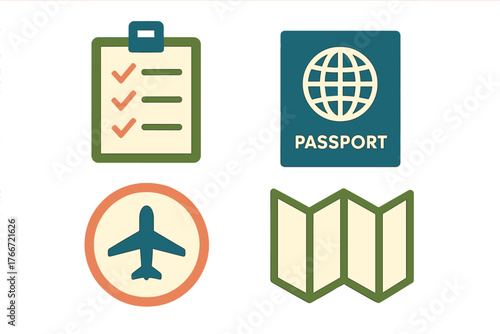 Passport, checklist, airplane symbol, and folded map icons representing essential travel planning and documentation