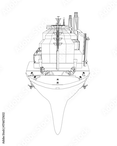 Container ship contour drawing on white background features detailed hull, deck, and cargo sections. This clean line art is ideal for maritime designs. Front view