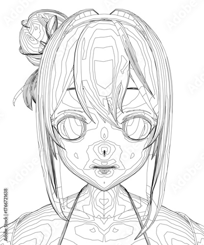 Anime girl head contour sketch with long hair and a flower. This black and white line art is ideal for coloring pages and fan art projects.