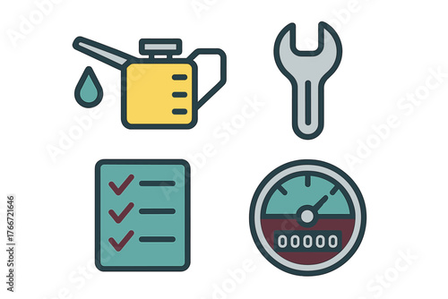 Automotive service and repair icons set: oil change jug, wrench tool, maintenance checklist, and dashboard gauge