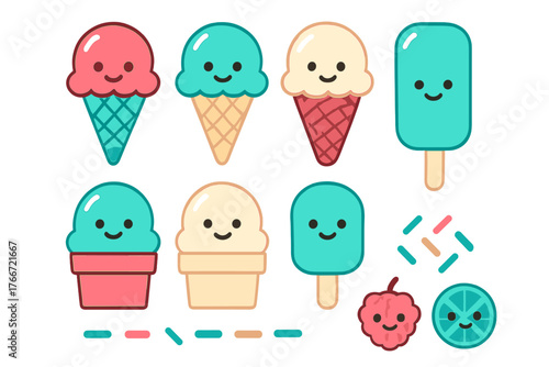 Cute smiling ice cream cones popsicles and frozen dessert cups set in pastel colors