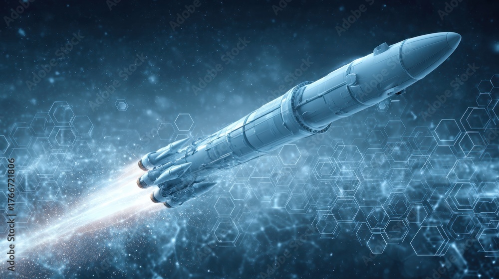 Fototapeta premium Rocket Launching Into Space with Abstract Background of Stars and Digital Elements
