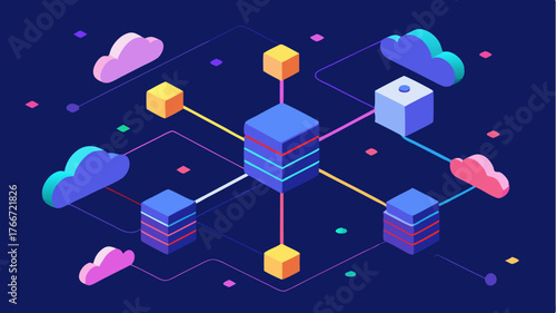 An aerial perspective of interconnected servers within a cloud data center displaying vibrant streams of digital data visualized as colorful lines and dots weaving through the