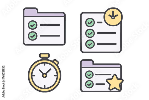 Productivity icons for task completion, file organization, time management, and status tracking