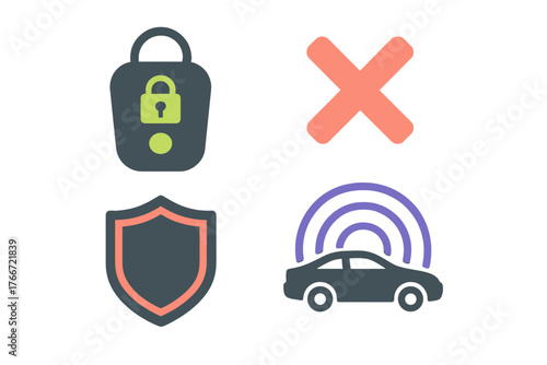 Four symbols for car security and remote access featuring key fob, shield, wireless signal, and rejection mark