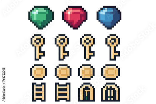 Collection of colorful pixel art game assets including gems, golden keys, coins, and dungeon entrances