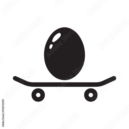 Black silhouette of an egg balanced on a skateboard