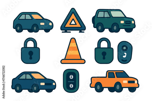 Transportation and security symbols featuring various cars, traffic cone, warning sign, padlocks, and key fobs