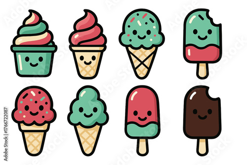 Adorable smiling frozen dessert characters including soft serve cones, cups and popsicles