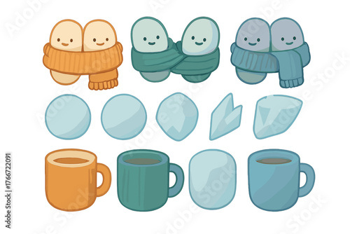 Cute winter elements set including cozy characters, snowballs, and hot drinks